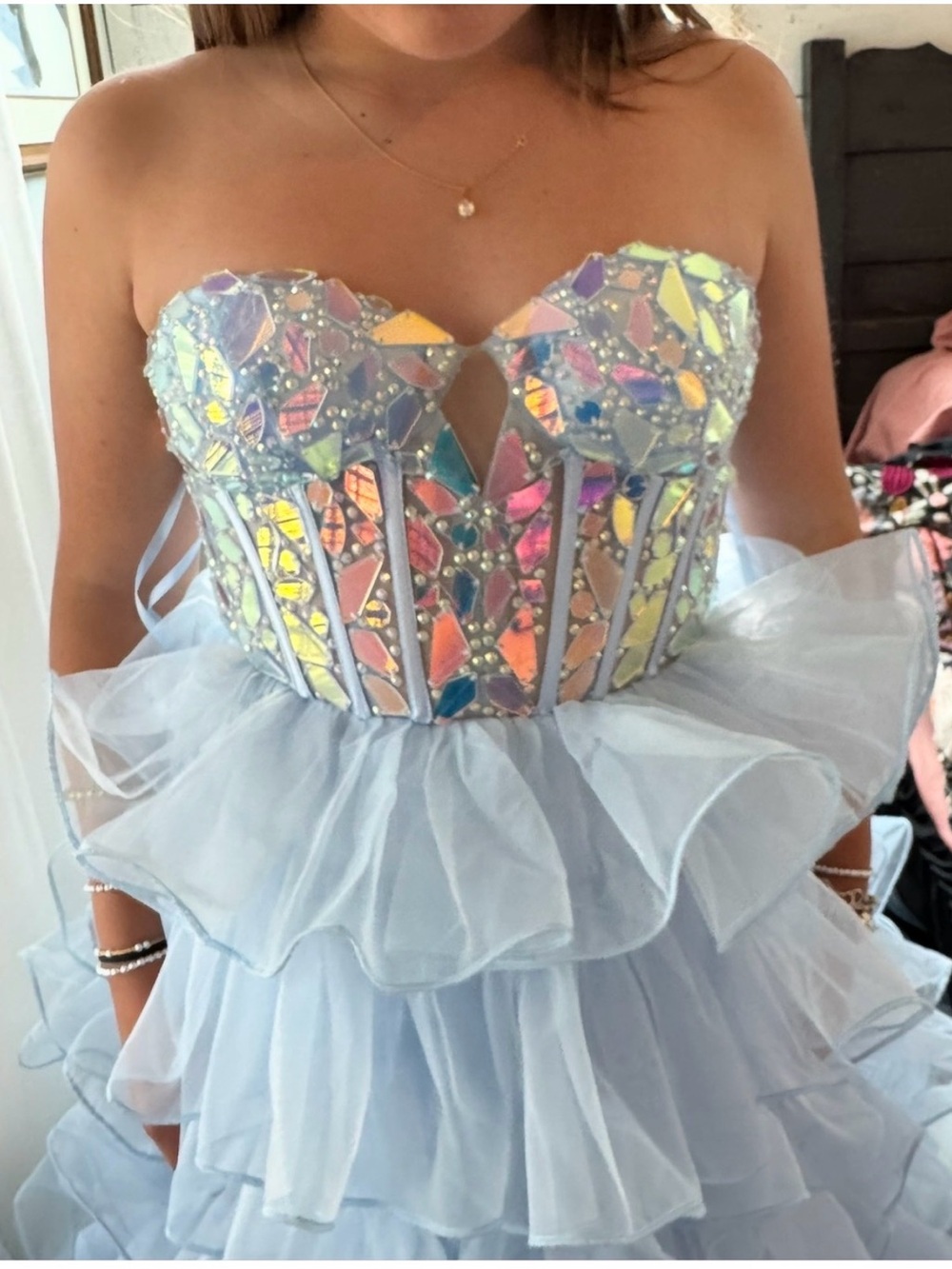 Strapless Iridescent Beaded Light Blue Ruffle Dress